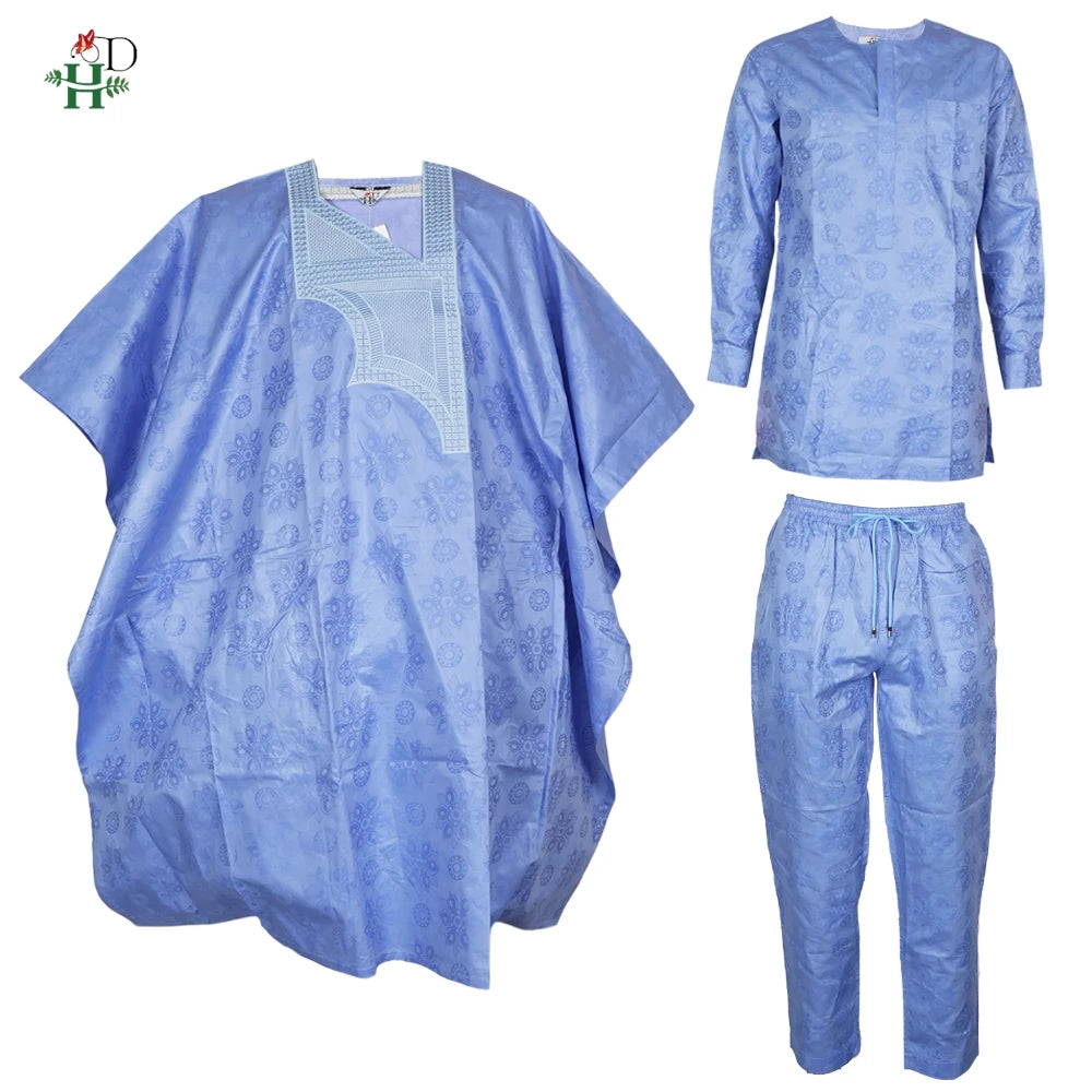 H&D African Clothes Embroidery Blue Gown Plus Size For Men Elegant Party Wedding Thobe 3 PC Top and Pants Suits Set Daily Wear