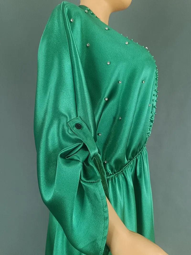 Women Elegant Shiny Satin Loose Party Dress V Neck Beading High Waist Long Gowns Formal Celebrate Evening Event Birthday Robes
