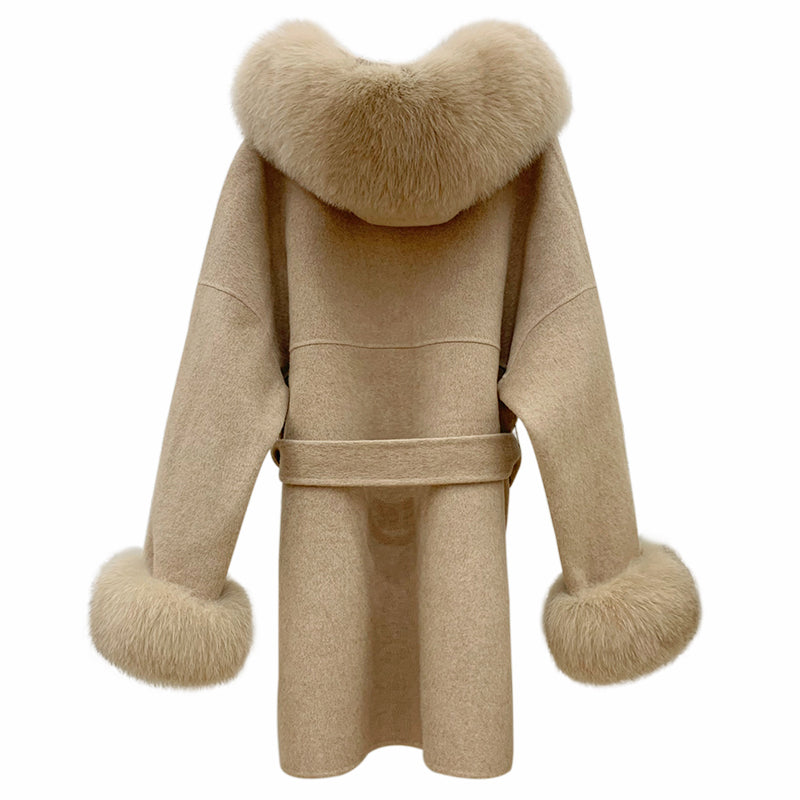 2024 New Oversize Ladies Outerwear Real Fur Coat Winter Jacket Women Natural Fox Fur Collar Cuffs Hood Cashmere Wool Woolen