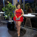 Sexy Red Short Prom Dress For Black Girls Beads Feathers Birthday Dress Mini Cocktail Gowns