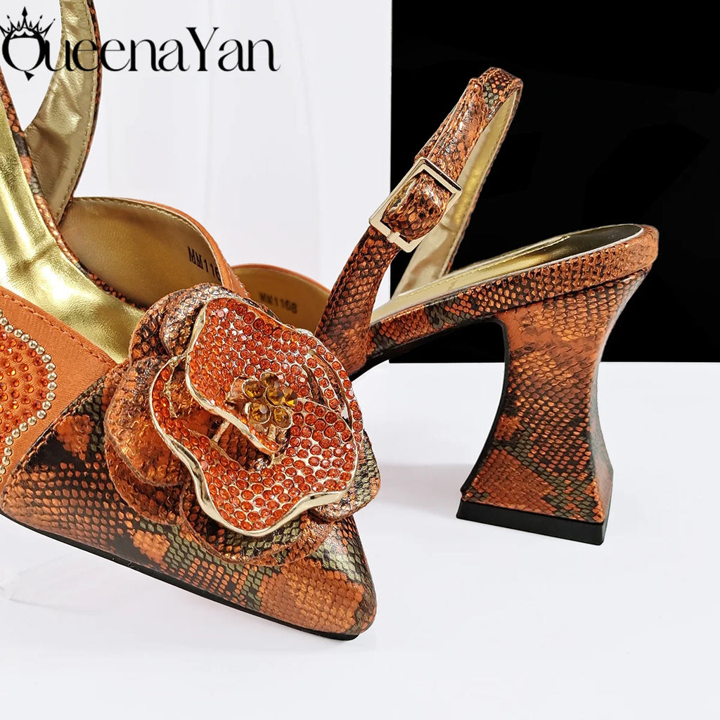 Queena Yan 2025 Elegant Lilac Color Women's Heels Handbag Set Rhinestone Embellished Designer Shoes for Weddings Special Events