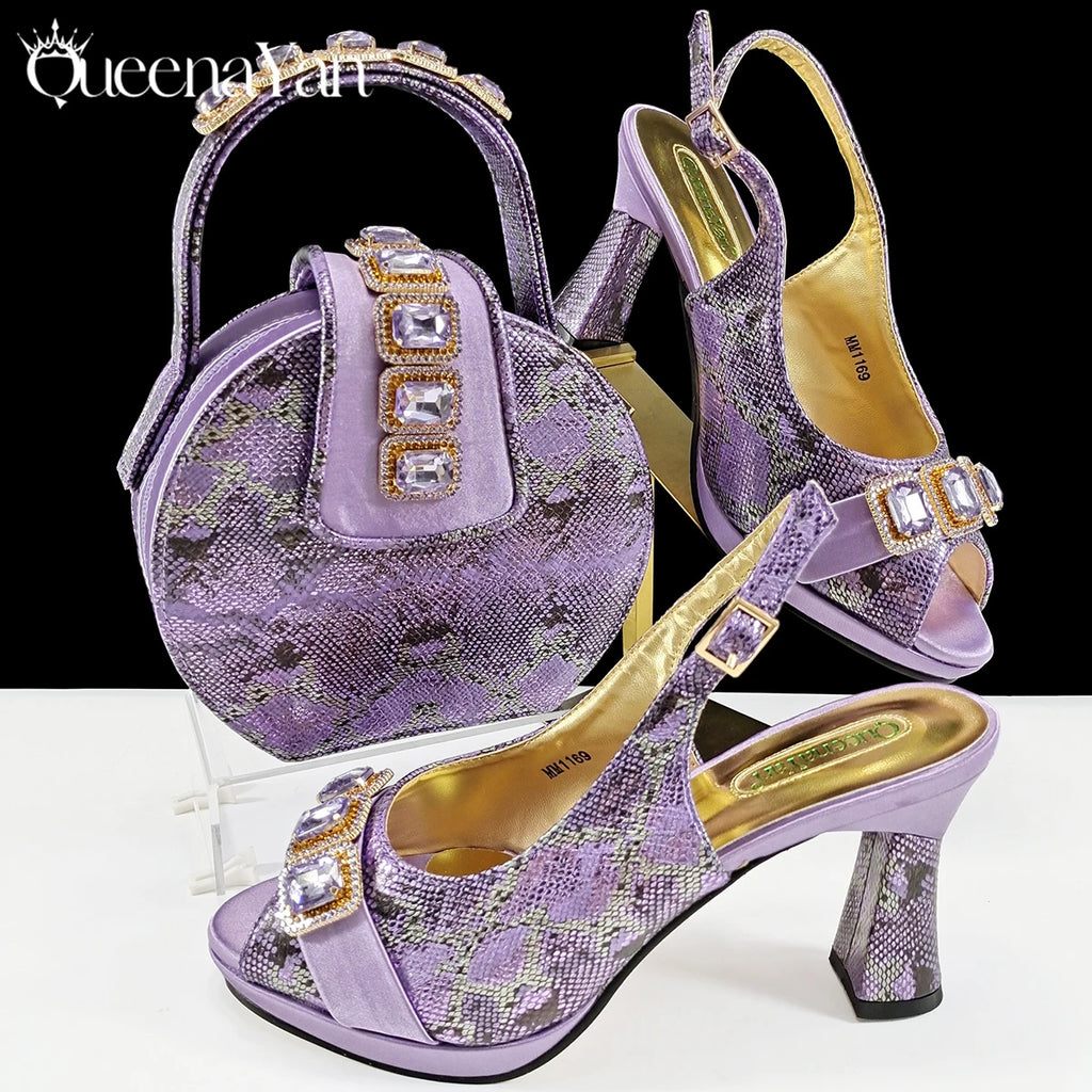 Queena Yan New Luxurious Italian Women's Party Shoes&Bag Set Elegant Golden Rhinestone  Sandals with Peep Toe High Heels Wedding