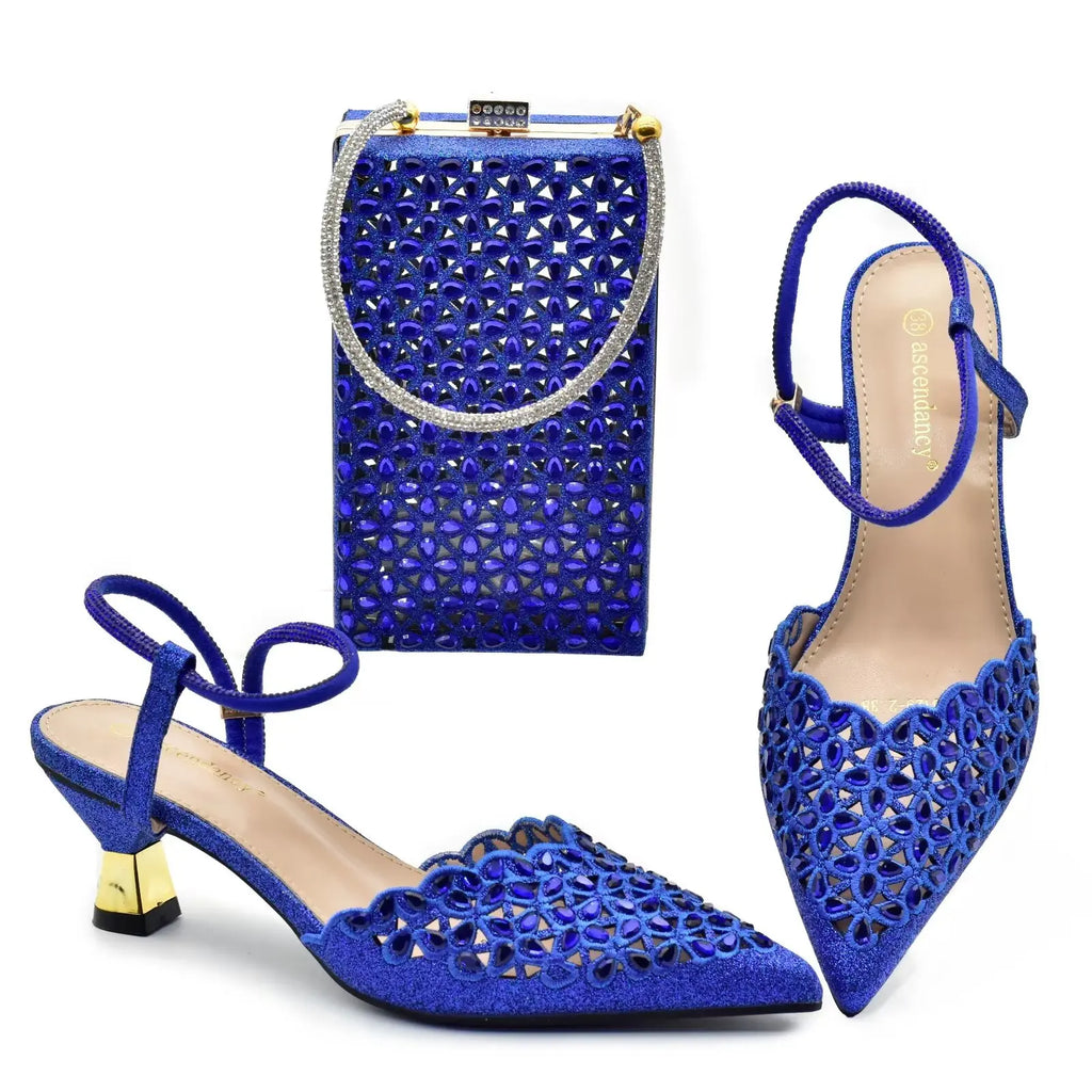 2024 Nigerian Style Rhinestone Low Heel Sandals for Women Fashion Party Women Wedding Shoes and Bags Set Wedding Shoes Bride