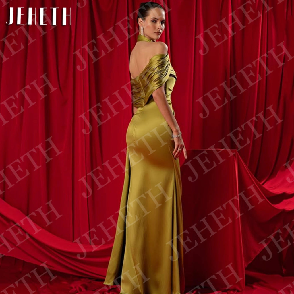 JEHETH Mermaid Prom Dresses 2025 Off Shoulder Women Evening Dress Elegant Satin Saudi Arabia Celebrity Gown Customized Backless