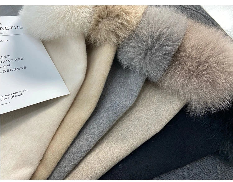 Faced Wool Ladies Winter Jacket Hooded coats Women Luxurious Real Fox Fur Coat Lose Clothing Cashmere Double