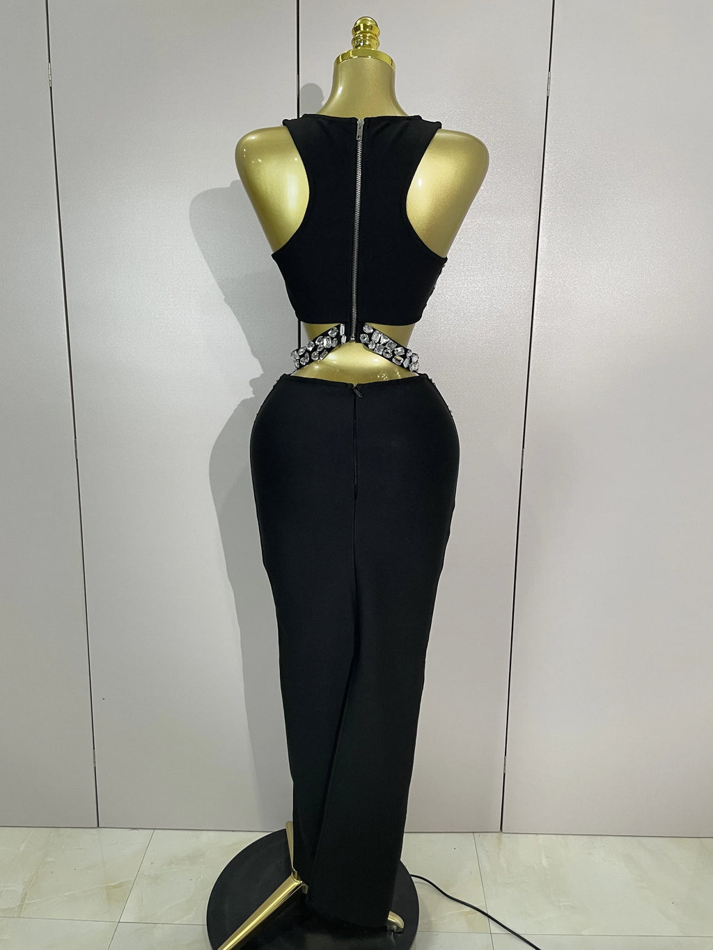 New Luxury Shining Sewed Diamond Black Long Bandage Two Piece Set Women Celebrate Evening Party Elegant Celebrity Birthday Dress