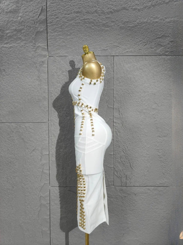 Real Rayon Bandage Midi Dress - High-Quality, Sleeveless with Beads, Thick Knitted Elastic for Vintage Party Occasions