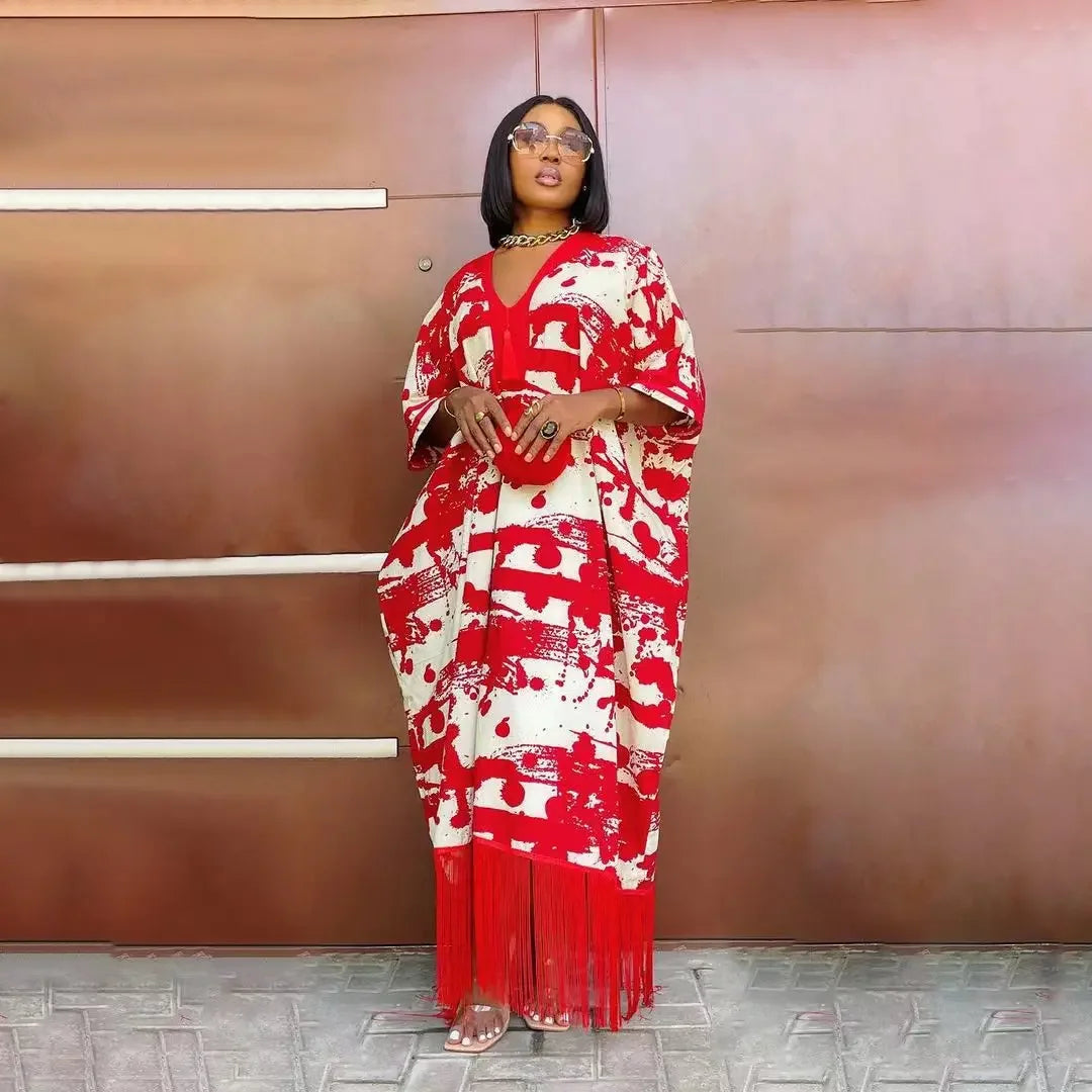 2025 African Dresses for Women Tassels African Fashion Boubou Dashiki Ankara Outfits Evening Gown Abayas Printing Kaftan Robe