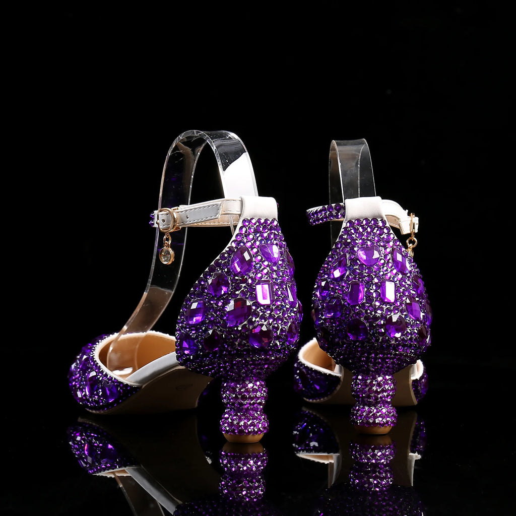 New 5cm Rhinestone shoes buckle round heel blue pointed Crystal Wedding sandals social dance Prom shoes Latin  shoes size 35-43