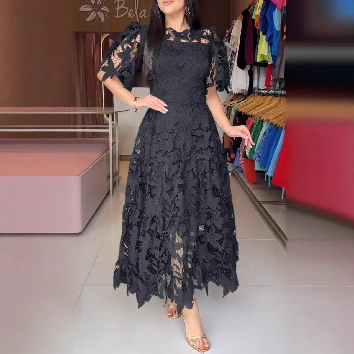 Elegant Lace Dress Irregualr Length Wedding Guest Bridal Shower for Bride Midi O Neck Hollow Out Women Classy Business Party New
