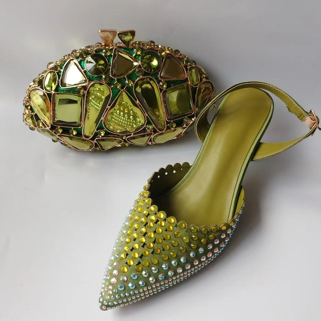 Luxury Olive Green Rhinestones Women's Shoe and Bag Set for Party Wedding Crystals Heeled Pumps and Handbag Sandals
