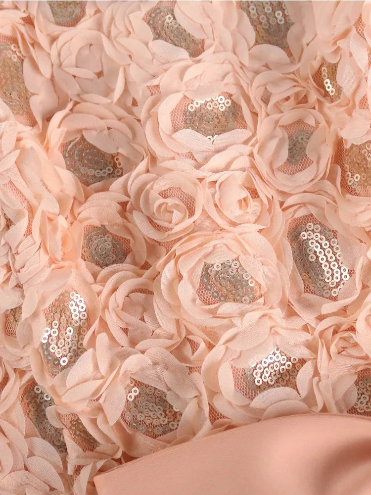 Sweetheart Neck Short Sleeve Patchwork Wedding Guest Dress with Bow 3D Rose Sequin Detail Package Hip Elegant Knee-Length Dress