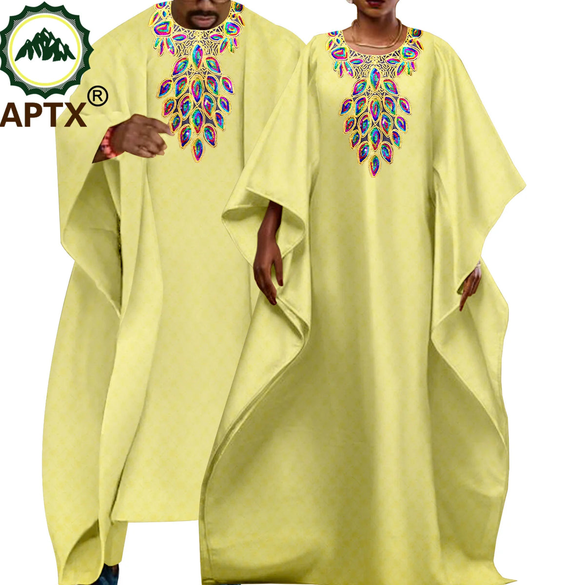 African Couple Clothes Men Embroidery Robe Shirt Pants 3 Pieces Set Women Dress V-neck Ankara Riche Attire Causal Wear T23C006
