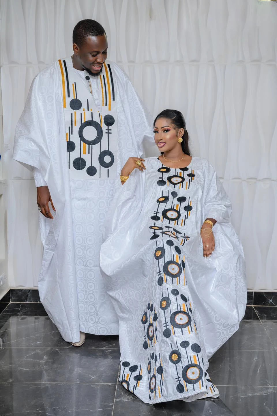 African Dresses For Women Bazin Riche Emboridery Design Floor Length With Scarf Couple Design