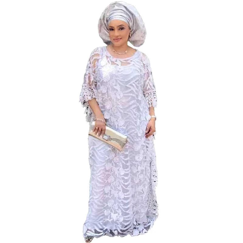 White Lace Hollow Africa Dresses for 2023 Muslim Women Dress African Clothes Dashiki Taditional Boubou Arabic Robe Femme Ramadan