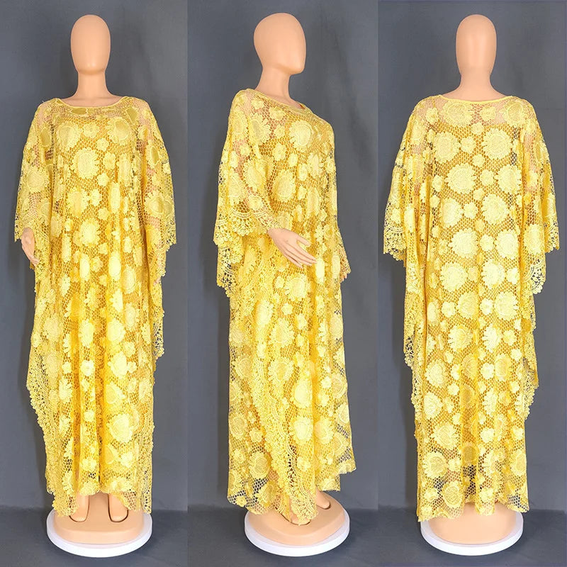White Lace Hollow Africa Dresses for 2023 Muslim Women Dress African Clothes Dashiki Taditional Boubou Arabic Robe Femme Ramadan