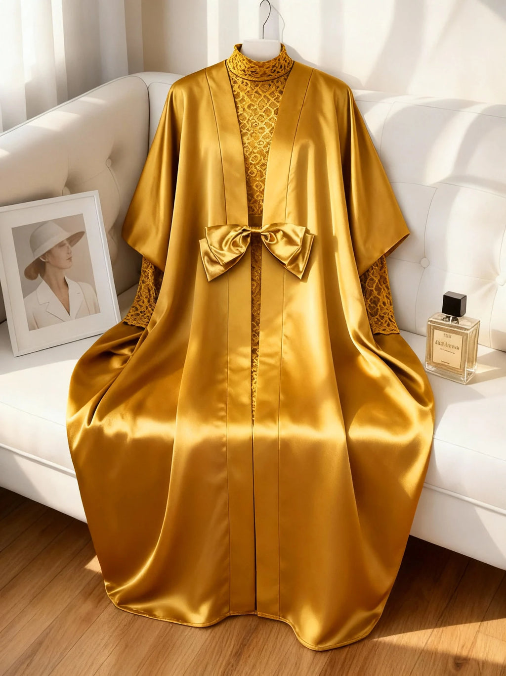 Elegant African Two Pieces Set Inside Bodycon Lace Dresses Sheer Bow Belt Kaftan Boubou Gowns Shiny Robe Weddings Event Occasion