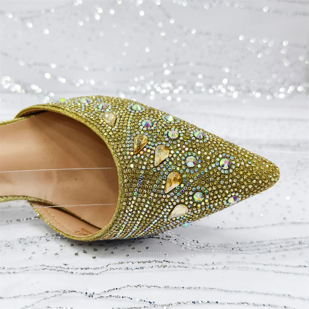 Elegant Italian Rhinestone Pointed-Toe High Heel Shoes with Matching Handbag Set - Stylish & Comfortable Women's Footwear