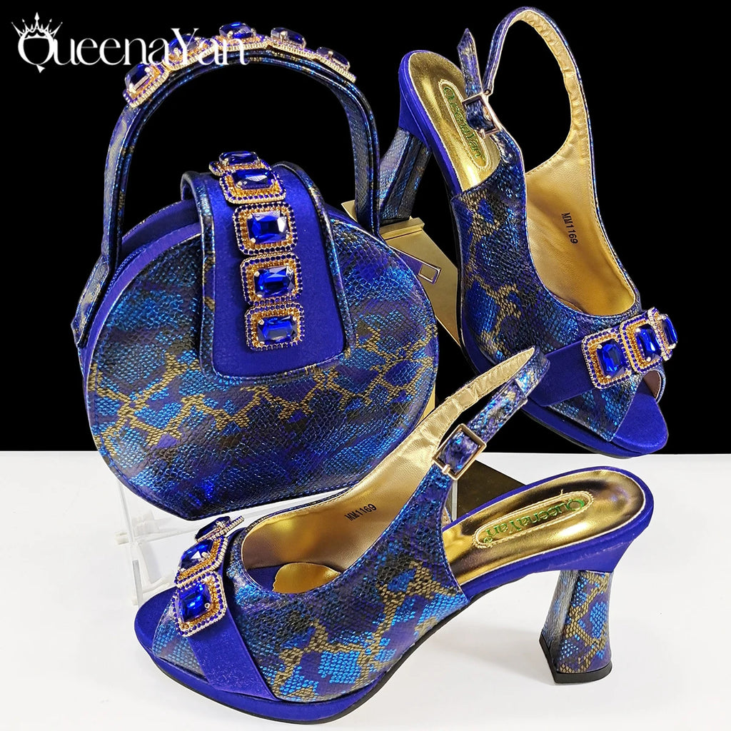 Queena Yan New Luxurious Italian Women's Party Shoes&Bag Set Elegant Golden Rhinestone  Sandals with Peep Toe High Heels Wedding