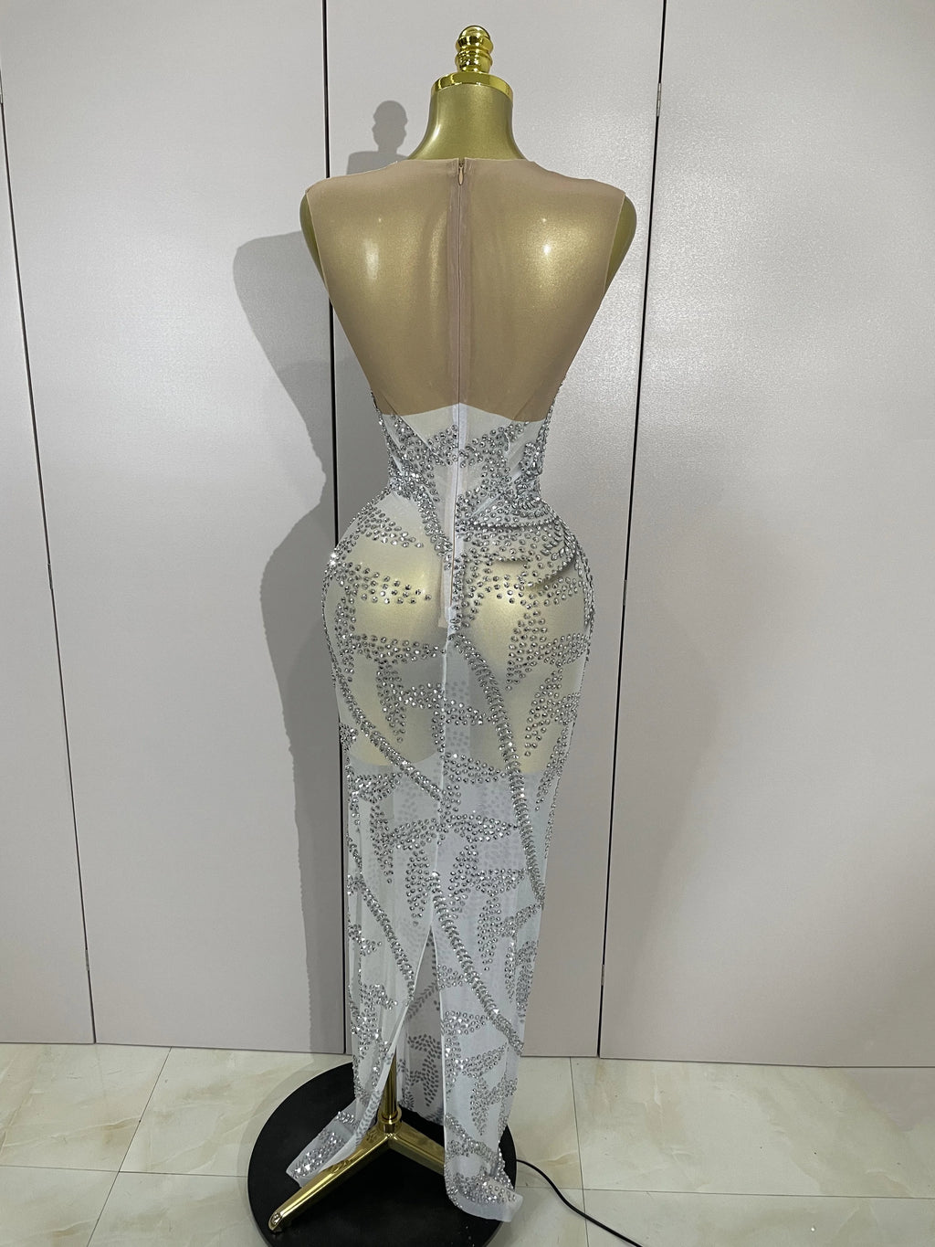 Women Luxury Rhinestone Sleeveless Silver Long Dress Sexy Mesh See Through Evening Prom Birthday Photo Shoot Singer Stage Outfit