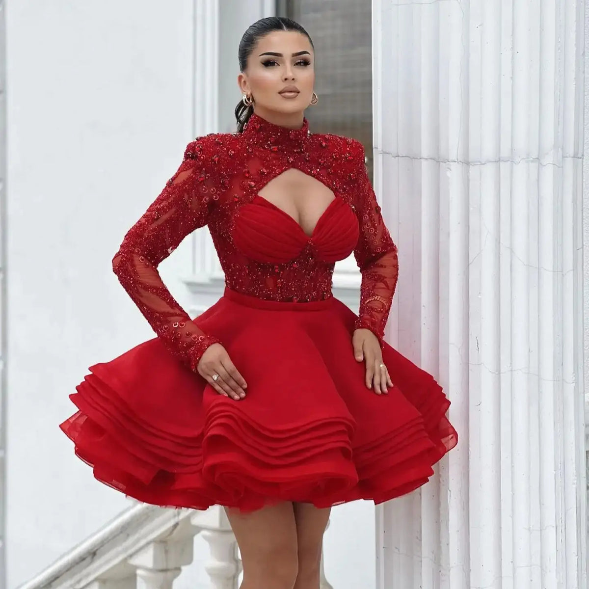 2025 Red High Neck Full Sleeves Beaded Applique Short Tiered Ruffles Prom Dresses Custom Made Girl Wear Women Evening Dress