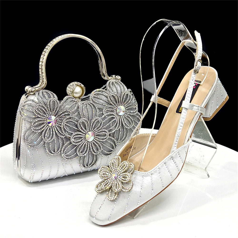 2026 New Elegant Italian Women's Black Heels with Rhinestones and Floral Accents & Matching Clutch Bag Set – Ideal for Parties