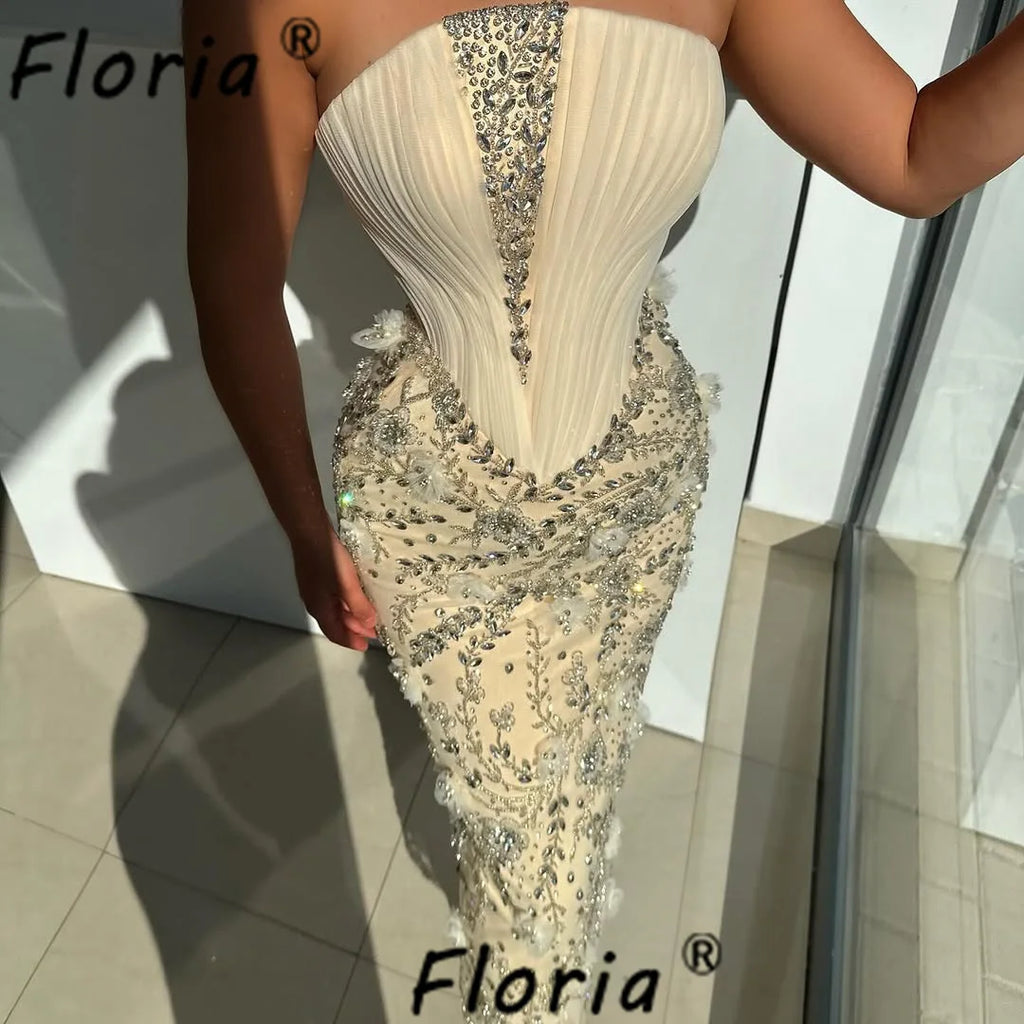 Luxury Beaded Crystal Cocktail Dresses Beige Pleat Top Customized Special Party Dress Floral Appliques Prom vestidos de coquetel