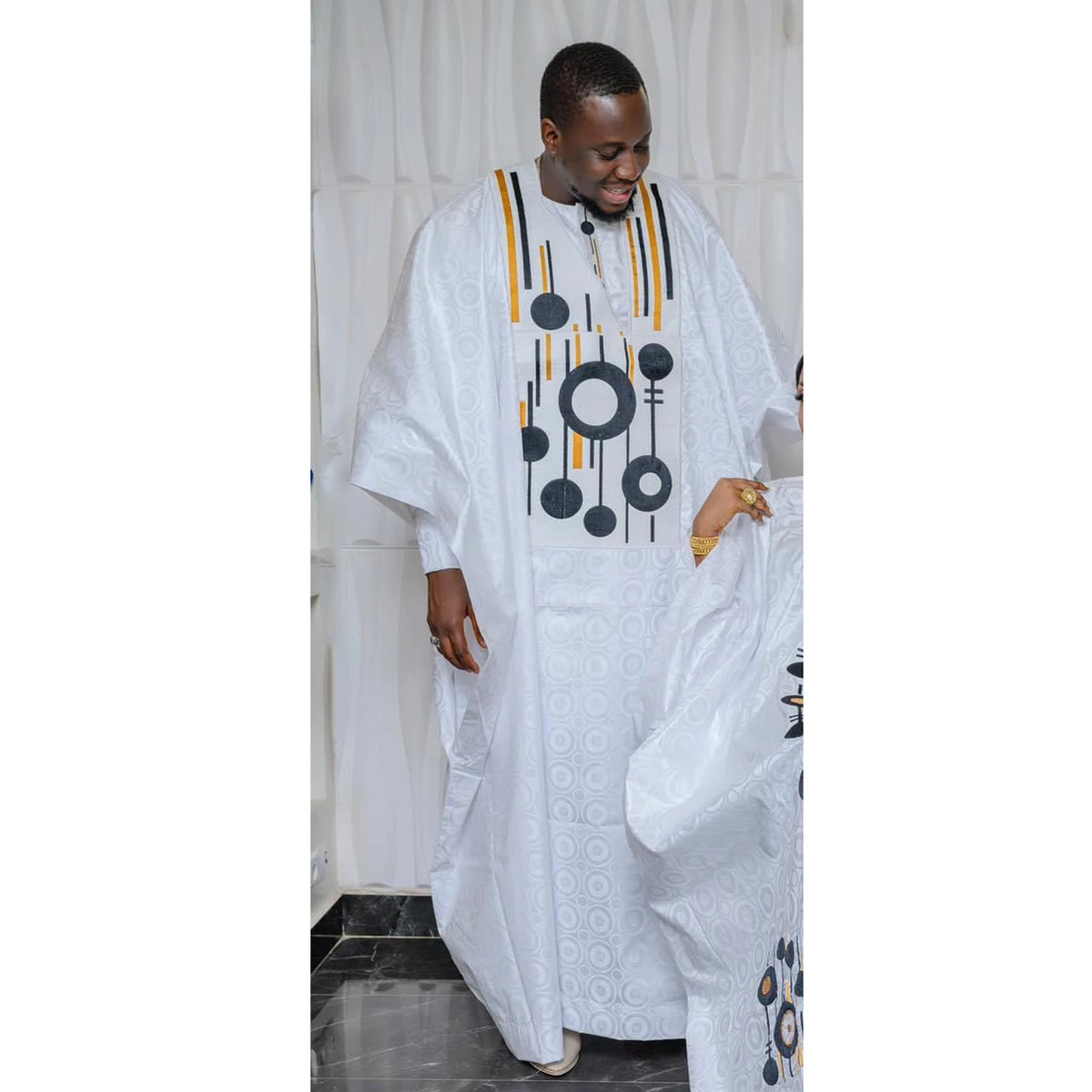 African Dresses For Women Bazin Riche Emboridery Design Floor Length With Scarf Couple Design