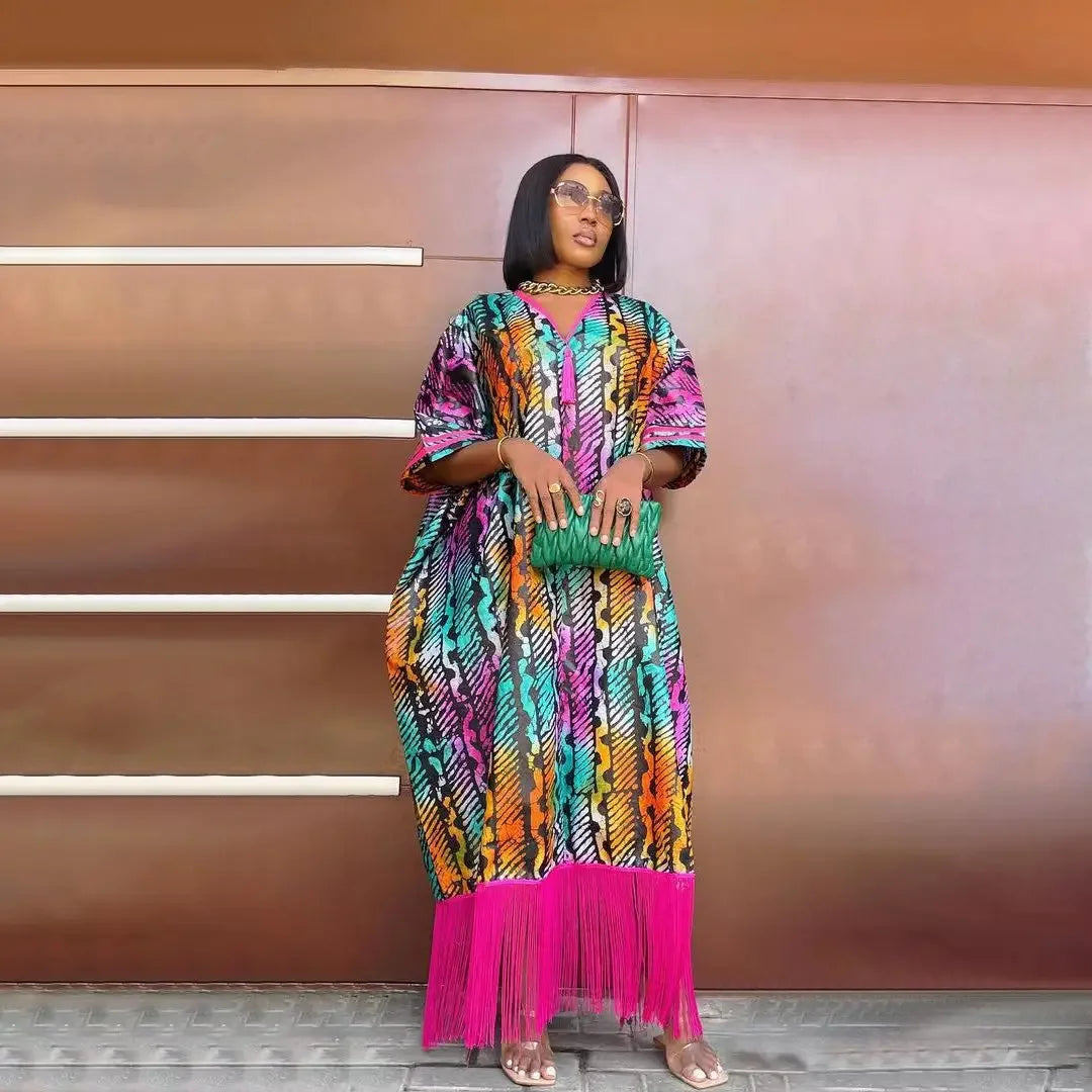 2025 African Dresses for Women Tassels African Fashion Boubou Dashiki Ankara Outfits Evening Gown Abayas Printing Kaftan Robe
