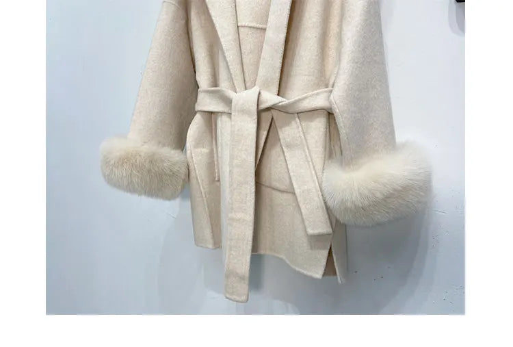 Faced Wool Ladies Winter Jacket Hooded coats Women Luxurious Real Fox Fur Coat Lose Clothing Cashmere Double