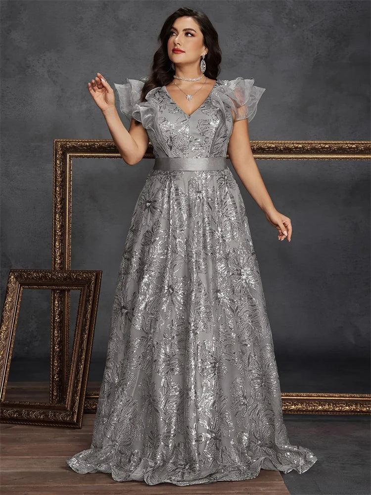 Lucyinlove Plus Size Luxury V-Neck ruffle sleeve Sequins Evening Dresses Women Elegant V-back Wedding Party Prom Cocktail Gowns
