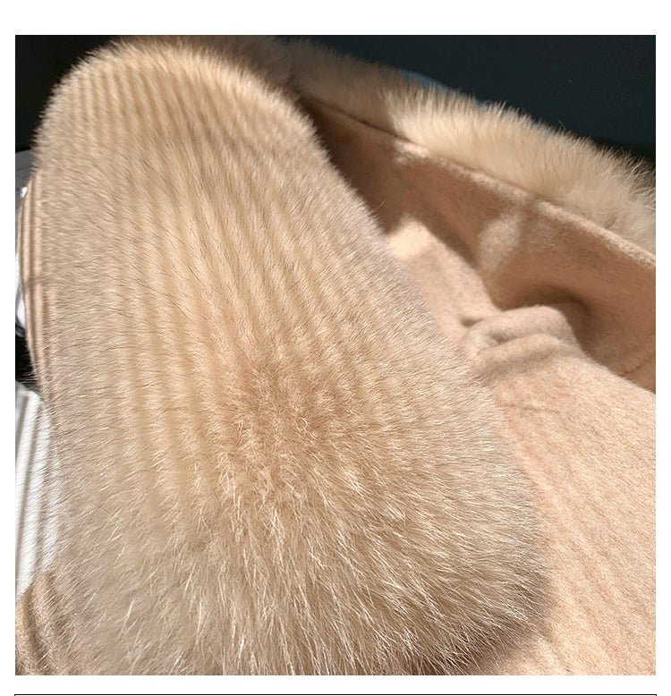 2024 New Oversize Ladies Outerwear Real Fur Coat Winter Jacket Women Natural Fox Fur Collar Cuffs Hood Cashmere Wool Woolen