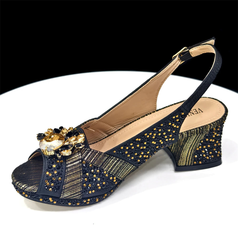Venus Chan Elegant 2025 Gold Peep-Toe Heels with Diamond Accents - Italian Matching Pumps and Bag Set for Parties