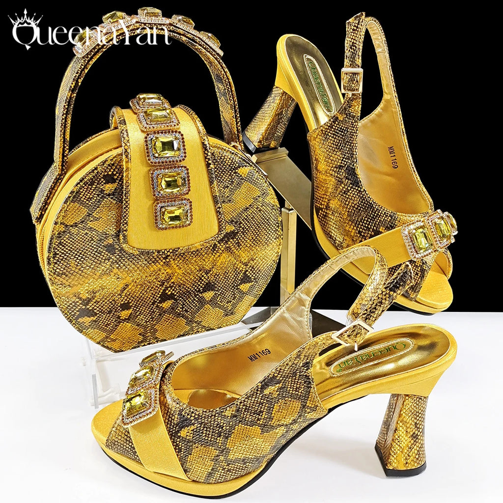 Queena Yan New Luxurious Italian Women's Party Shoes&Bag Set Elegant Golden Rhinestone  Sandals with Peep Toe High Heels Wedding