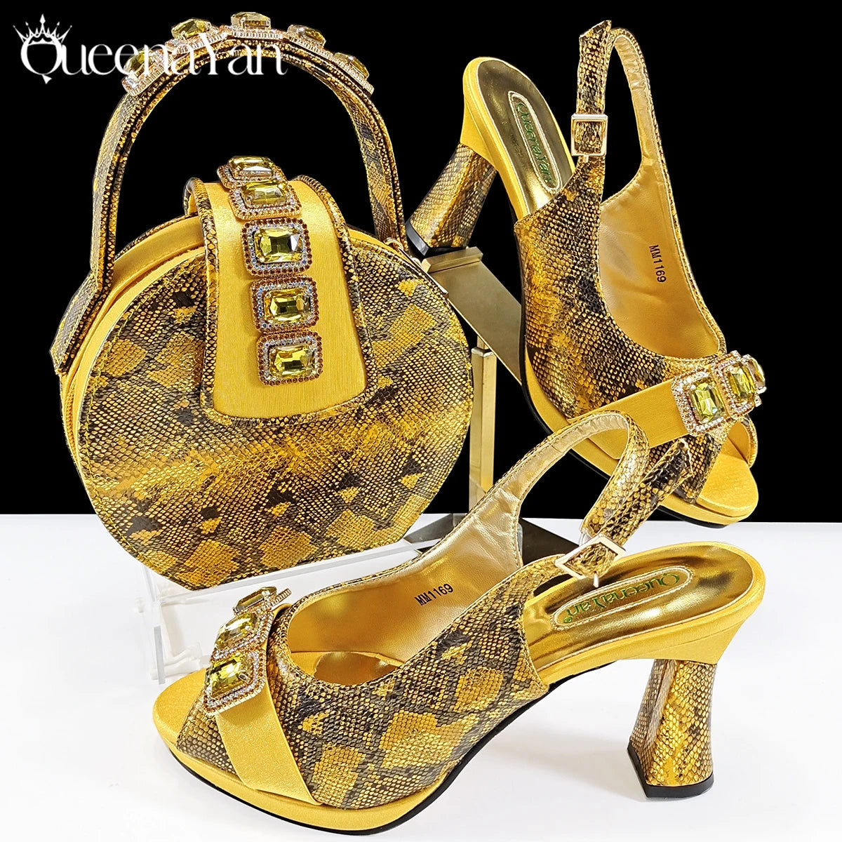 Queena Yan New Luxurious Italian Women's Party Shoes&Bag Set Elegant Golden Rhinestone  Sandals with Peep Toe High Heels Wedding