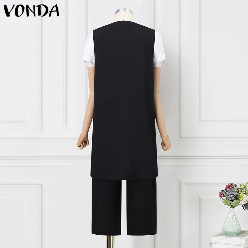 VONDA Plus Size Women Sexy Sleeveless Wide Leg Pants Sets 2024 Summer Vintage Tops Sets Bohemian Printed Suits Elegant Outfits