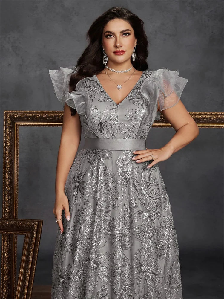 Lucyinlove Plus Size Luxury V-Neck ruffle sleeve Sequins Evening Dresses Women Elegant V-back Wedding Party Prom Cocktail Gowns