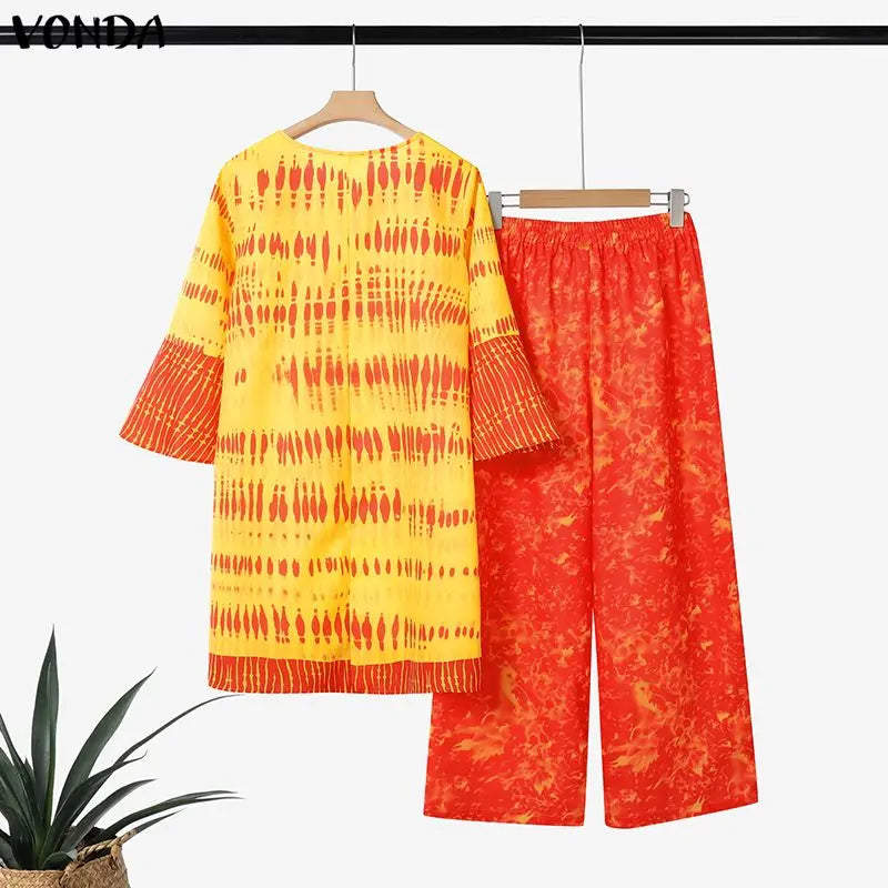 VONDA Plus Size 2PCS 5XL Women Pant Sets 3/4 Flare Sleeve Tops Long Pants Vintage Print Oversize Casual Loose 2 Piece Outfits