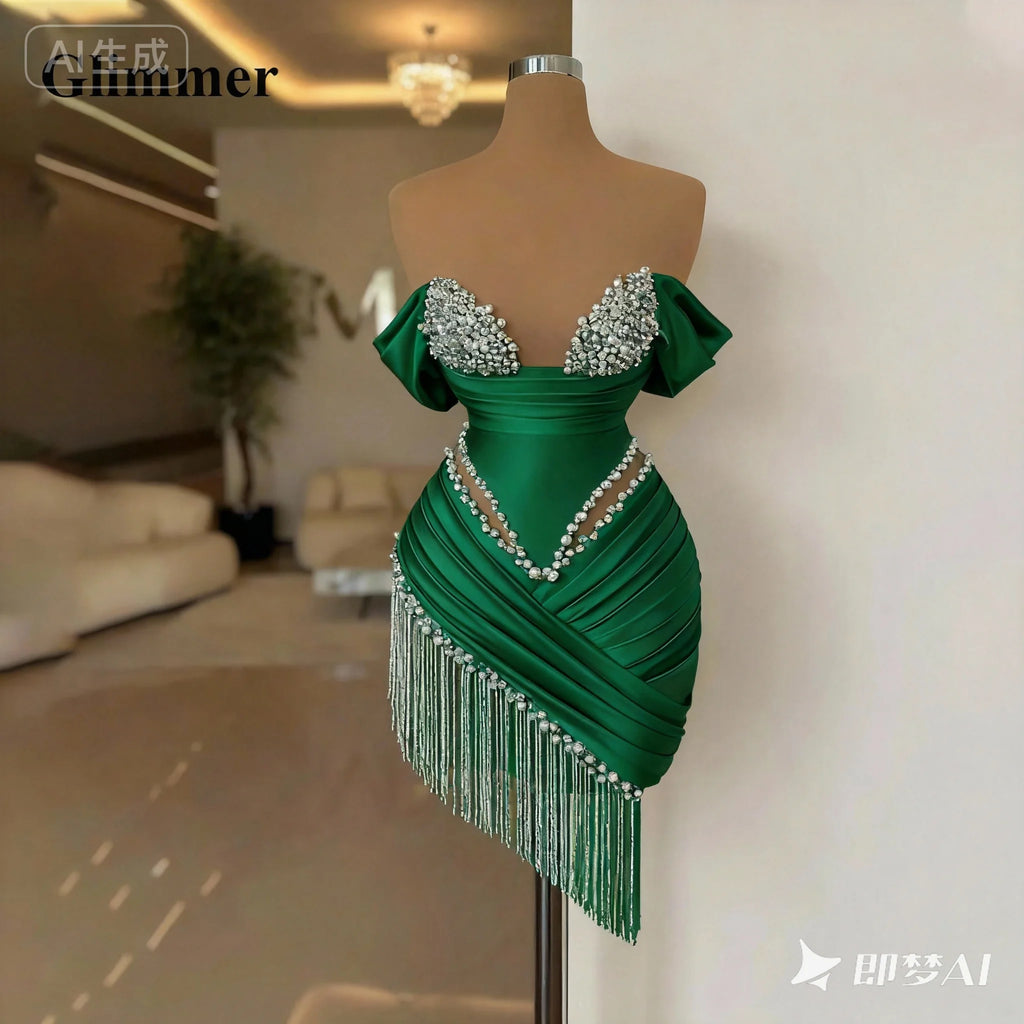 Glimmer Chic Pearls Cocktail Dresses Tassel Off the Shoulder Tassles Prom Dresses Sweetheart Pleat Vestidos De Gala Customised