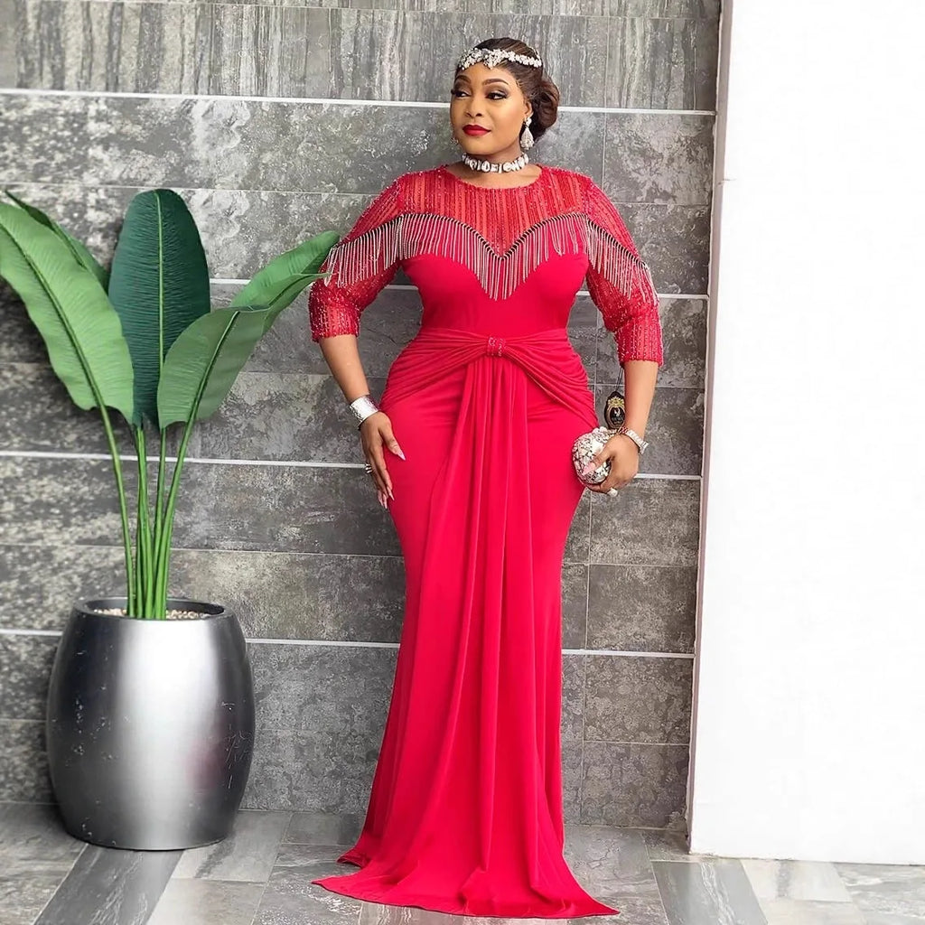 Luxury Women Mermaid Bodycon Dress Patchwork O Neck Fringe Sheer Sequin Sleeves Draped African Party Weddings Formal Occasions