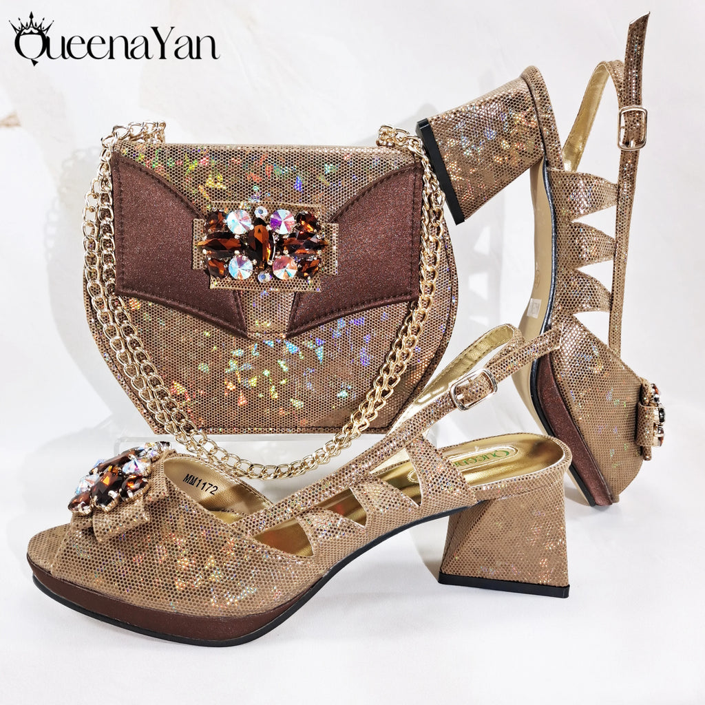 Queena Yan Newest Italian Design Special Synthetic Fabrics Women's Matching Shoe and Bag Set High Heel for Weddings and Parties