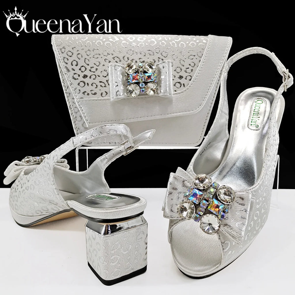 Queena Yan Light Blue Elegant Italian Rhinestone Wedding Shoe and Bag Set -Women Heels and Matching Handbag for Party