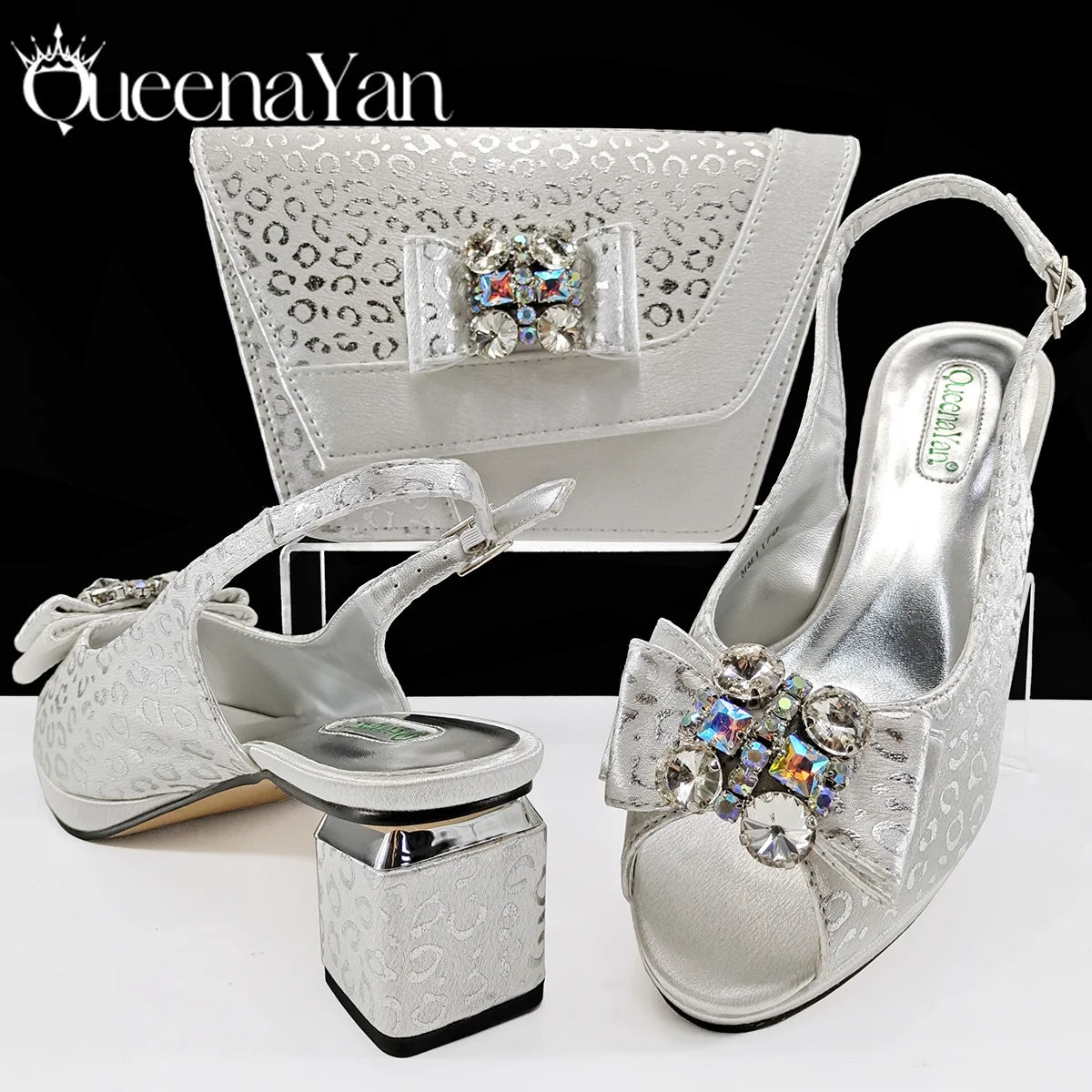 Queena Yan Light Blue Elegant Italian Rhinestone Wedding Shoe and Bag Set -Women Heels and Matching Handbag for Party