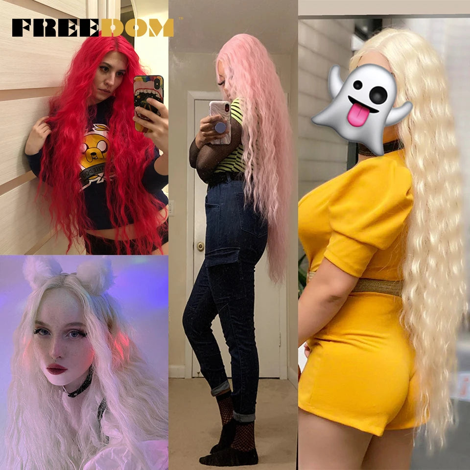 FREEDOM Synthetic Lace Frontal Wig For Women 42 Inch Long Curly Lace Wigs Ombre Brown Highlight Ginger White Pink Cosplay Wig