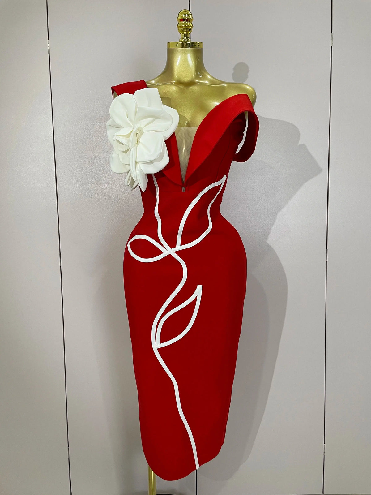 Sexy Off Shoulder White Flower Black Red Bodycon Bandage Long Dress Women Luxury Celebrity Evening Club Elegant Party Gowns
