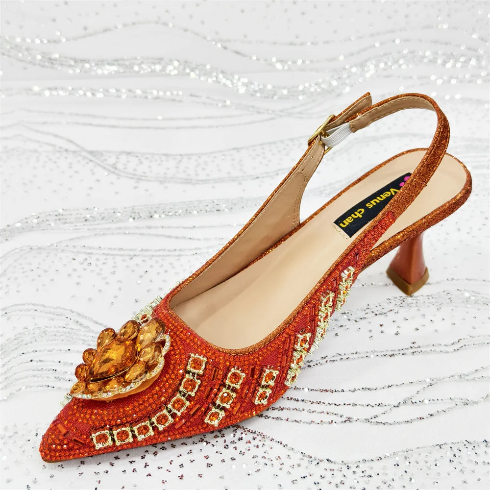 Venus Chan 2025 Elegant Rhinestone Pointed Toe Pumps With Matching Bag Set Large Size shoes Big Bag for Women's Party High Heels