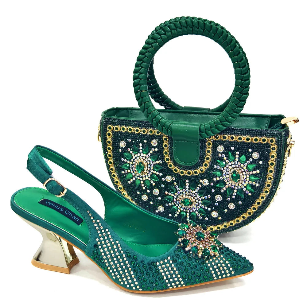 2024 New Designer Specials Italian Women Heels Shoes and Bag Set Royal Purple Color Comfortable With Rhinestone for Party