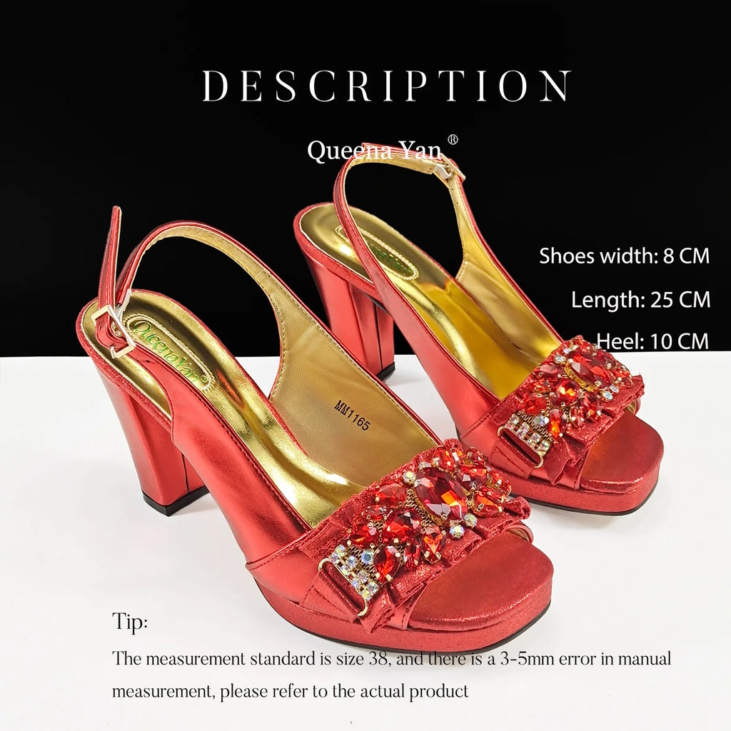 Queena Yan Spot goods Elegant Women Heels Shoes and Bag Set Decoration Rhinestones Women High Heels Shoes OL Bag And Shies