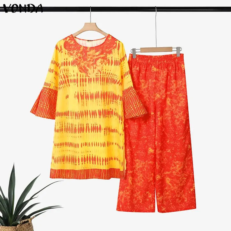 VONDA Plus Size 2PCS 5XL Women Pant Sets 3/4 Flare Sleeve Tops Long Pants Vintage Print Oversize Casual Loose 2 Piece Outfits
