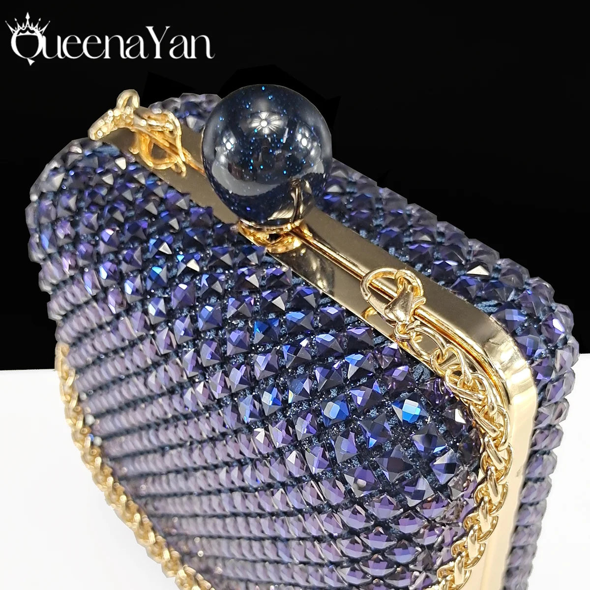 Queena Yan 2025 Italian Design Rhinestone Luxury Navy Blue Pointed Toe Shoe & Bag Set Women High Heels for Parties High Quality